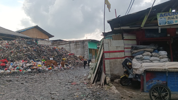 Penampakan tumpukan sampah di Kapuk Muara, Jakarta Utara, menggunakan alat berat dan armada truk. (Foto. Dok.sp)